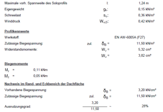 Auszug aus der Statikberechnung